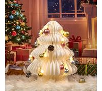SUNBEAUTY 42 cm Árbol de Navidad Decoración de Mesa Blanco Papel 3D Árboles Panales Iluminados Abetos de Papel con Colgantes Decorativos Piñas de Navidad Decoración de Navidad para Mesa de Comedor