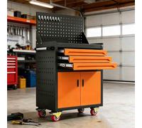 sunbiaouk Carro de Herramientas de Acero Reforzado | Carro Auxiliar Metálico con Cajón con Cerradura y Paneles Laterales Perforados | Ideal para Talleres de Reparación, Almacenes(Orange,3-Tier)