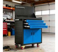 sunbiaouk Carro de Herramientas de Acero Reforzado | Carro Auxiliar Metálico con Cajón con Cerradura y Paneles Laterales Perforados | Ideal para Talleres de Reparación, Almacenes(Blue,3-Tier)