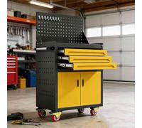 sunbiaouk Carro de Herramientas de Acero Reforzado | Carro Auxiliar Metálico con Cajón con Cerradura y Paneles Laterales Perforados | Ideal para Talleres de Reparación, Almacenes(Yellow,3-Tier)