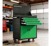 sunbiaouk Carro de Herramientas de Acero Reforzado | Carro Auxiliar Metálico con Cajón con Cerradura y Paneles Laterales Perforados | Ideal para Talleres de Reparación, Almacenes(Green,3-Tier)