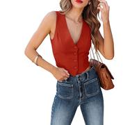 Sunborui Chaleco sin mangas con botones para mujer, totalmente forrado, cuello en V, chaqueta ajustada regular, Rojo (Ruby Red), Small