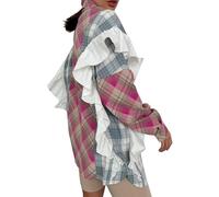 Suncadmious Camisa Informal Holgada a Cuadros para Mujer de Moda con Botonadura Sencilla y Volantes de Manga Larga y Botones con Parche de Encaje Y2K para niña (Rosepink,L)