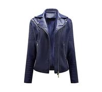 Suncadmious Chaqueta de Moto para Mujer Chaqueta de Cuero de Vaca clásica con Abrigo de Motorista de Cuero con Lados de Encaje (Azul,M)