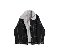 Suncadmious Chaqueta vaquera cálida con solapa de invierno para mujer chaqueta vaquera de forro polar retro acolchada y gruesa de un solo pecho chaqueta gruesa cálida informal de moda (L,Negro)