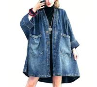 Suncadmious Chaqueta vaquera oversize de talla grande para mujer estilo retro de largo medio desgastada lavada con escote en V y bolsillos grandes, gabardina oversize. (Azul,L)