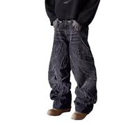 Suncadmious Para Hombre Suelto de gran Tamaño Hip Hop Borde Crudo Bordado Denim Vintage Llama Empalmada Pantalones Vaqueros de Pierna Ancha Ajuste Suelto Hip Hop Y2K Street Skater Jeans (Black,XXL)