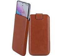 Suncase Funda de piel auténtica compatible con Fairphone 6+ 5G - Funda premium con función Pull Tab & Funda protectora transparente en color marrón moca