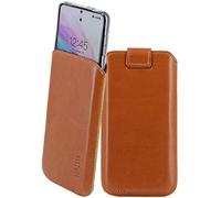 Suncase Funda de piel auténtica compatible con SPC Discovery 3 Pro, dimensiones interiores: aprox. 167 x 82 x 12 mm (apto solo con silicona/carcasa/bumper) en color coñac