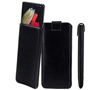 Suncase Funda de piel auténtica de edición fina compatible con Doro Aurora A30 (con función de extracción y cierre magnético), color negro