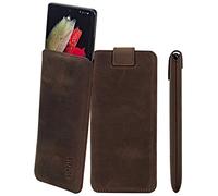 Suncase Funda de piel auténtica de edición fina compatible con Doro Aurora A30 (con función de extracción y cierre magnético), color marrón oscuro
