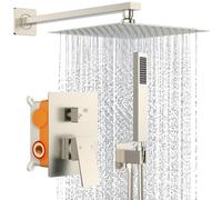 SunCleanse Juego de grifos de ducha tipo lluvia de níquel cepillado, cabezal de ducha de lluvia montado en la pared de 10 pulgadas con válvula de ducha de pulverización de mano y moldura incluida