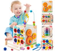 Sundaymot Cubo Actividades Bebe, Juguetes Montessori 7 en 1, Equipado con Laberinto de Cuentas y Clasificador de Formas y Colores, Juegos Educativos de Madera Niños de 3 Años