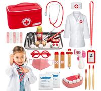 Sundaymot Maletin Medicos Doctora, Juguete de Madera, Conjunto 2 en 1, con Estetoscopio, Termómetro, Estuche de Dentista, rol Rojo para niños de 3 4 5 años (33 Piezas)