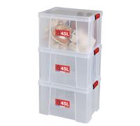 SUNDIS Clip'N Store, 3 cajas almacenaje con tapa, 45l de capacidad, plastico transparente, reforzados, aptas para alimentos, paredes rectas, apilables y combinables