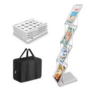 SUNDOY Revistero plegable con 4 bolsillos, soporte para revistas, folletos y folletos, con bolsa de transporte, para oficina, comercio minorista y exposición de ferias (blanco-27 x 36 x 130 H)