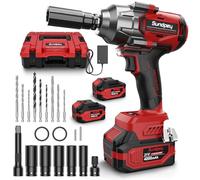 Sundpey 1400 N.m Llave de Impacto a Batería, 21V Pistola de Impacto sin Escobillas con 2 Baterías de 4.0 Ah & 5 Enchufes & 9 Brocas & Adaptador Hexagonal de 1/2" para Automóvil Camión Hogar