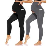 Sundwudu Paquete de 2 leggings de maternidad sobre el vientre, pantalones de yoga de cintura alta para mujer, pantalones de entrenamiento activo con bolsillos, Negro+Gris, XXL