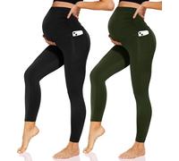 Sundwudu Paquete de 2 leggings de maternidad sobre el vientre, pantalones de yoga de cintura alta para mujer, pantalones de entrenamiento activo con bolsillos, Negro y verde, Large