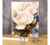 Suneve Pintar por Numeros Adultos Flores blancas DIY Pintura por Números,Rosas Kit de Pintura al óleo de Lienzo,con Pinceles y Pigmento Acrílico para el Hogar Decoración,sin Marco 40x50cm