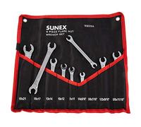 Sunex Tools 9809A - Juego de llaves de tuerca acampanada, 1/10.2 cm x 5/15-5/20.3 cm - 11/40.6 cm, 9 mm x 11 mm, 19 mm x 21 mm, totalmente pulido, 9 piezas (incluye estuche enrollable), SAE y métrico