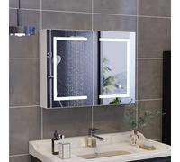 SUNFECILI Armario con espejo para baño con iluminación, 80 x 14 x 60 cm, doble puerta con espejo y estante de cristal, armario colgante táctil, interruptor de sensor, temperatura de color ajustable