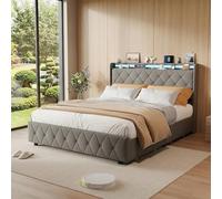 SUNFECILI Cama con cajones de 140 x 200 cm con LED y USB, cama doble tapizada con 4 cajones, cabecero con espacio de almacenamiento, cama de almacenamiento con somier, moderna cama juvenil funcional