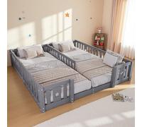 SUNFECILI Cama infantil para cama doble de 180 x 200 cm con rejilla de seguridad, cama Montessori, marco de cama juvenil para familias con dos niños, madera de pino, sin colchón (gris, sin somier)
