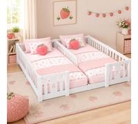 SUNFECILI Cama infantil para cama doble de 180 x 200 cm con rejilla de seguridad, cama Montessori, marco de cama juvenil para familias con dos niños, madera de pino, sin colchón (blanco, con somier)