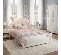 SUNFECILI Cama infantil tapizada de 90 x 200 cm, cama individual para niña con LED y somier, cama juvenil con cabecero acolchado LED, cama de princesa, cama funcional, sin colchón (140 x 200 cm)