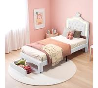 SUNFECILI Cuna, cama de princesas con cabecero ajustable LED y somier, cama tapizada con respaldo, acolchado de piel sintética (90 x 200 cm g)