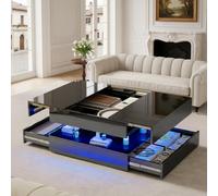 SUNFECILI Mesa de centro con iluminación LED - Mesa de salón moderna con 2 cajones - Mesa auxiliar de alto brillo con tablero extensible - Mesa de centro cuadrada con espacio de almacenamiento oculto