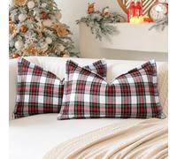 Sung undas de Cojín de Tartán Escocés Navideño 30 x 50 Juego de 2 Fundas de Almohada Lumbar Decorativas de Lino a Cuadros con Borde Cosido para Sofá Cama Sala de Estar 12x20 Pulgadas (Blanco)