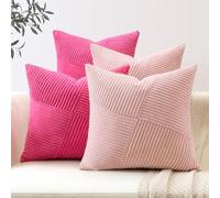 Sungeek Juego de 4 Fundas de Cojínes de Pana Suave 45x45 cm Fundas de Almohada Decorativas con Patchwork de Molinillos a Rayas Funda Cojines para Sofá Cama Sala de Estar, Rosa Hot Pink