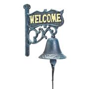 Sungmor Heavy Duty Hierro Fundido Estilo Rústico Montado en la Pared Cartel de Bienvenida Campana de Mano | 16 × 18.7 cm, Verde Oscuro | Campana de Puerta de Hierro Forjado con Logo aristocrático
