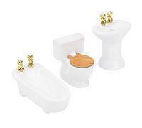 SUNGOOYUE Juego de Baño en Miniatura para Casa de Muñecas, Bañera de Cerámica, Lavabo, Kit de 3 Piezas 1:24, Mini Muebles con Tapa de Madera y Cadena de Metal para Decoración de la Habitación de la