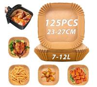 Sungoup Papel para Freidora de Aire 23-27 cm, 125 Piezas Impermeable a Prueba de Aceite, Cuadrado para 7 a 12 Litros Airfryer, Compatible con COSORI/Cecotec