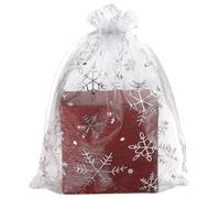 SUNGULF 100 bolsas de organza de copo de nieve con cordón, fuerte regalo de Navidad, caramelos, joyas, fiestas, bodas, bolsas de recuerdo (copo de nieve blanco y plateado, 5 x 7 pulgadas)