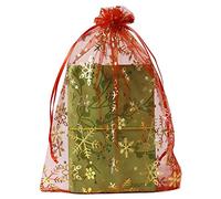 SUNGULF 100pcs Organza Pouch Bag Drawstring 6"x9" 16x22cm Strong Gift Candy Bag Jewelry Party Wedding Favor (Red Snowflake)