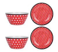 Sunicon Juego de 4 platos para ensalada, platos de imitación de porcelana con puntos rojos, platos para frutas, pasteles y vajilla para la cocina.