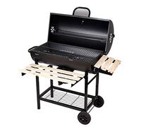 SunJas Barbacoas de Carbón Parrilla con Ruedas para Jardín Exterior BBQ con Soportes Facil Movimiento, con 2 Estantes de Madera Plegable para Almacenar Comidas, 101×70.5×94.5CM