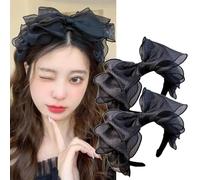 Sunjiyan 2 diademas de malla negra retro con lazo grande Lolita negro para mujeres y niñas, estilo francés, diadema para el pelo, accesorios de uso diario