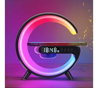 SUNJULY Lámpara de Noche con Cargador Inalámbrico, 2025 Nueva Lámpara de Escritorio LED Inteligente, Altavoz Bluetooth, Mini Luz Nocturna, Despertador Musical, Regalo, Control de Botones (Negro)