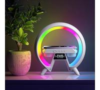 SUNJULY Nueva Lámpara de Mesa LED Inteligente, Lámpara de Ambiente con Cargador Inalámbrico, Altavoz Bluetooth, Lámpara de Luz Nocturna Lámpara De Noche Reloj Despertador Musical, FM Tarjeta AUX/TF