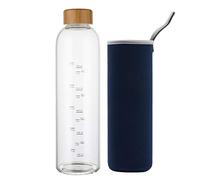 sunkey Botella de Agua Cristal 1 Litro con Marcador de Tiempo Funda y Tapa de Bambú Reutilizable para Deportes, Gimnasio, viajes, sin Bpa (Azul Marino)
