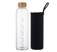 sunkey Botella de Agua Cristal 1 Litro con Marcador de Tiempo Funda y Tapa de Bambú Reutilizable para Deportes, Gimnasio, viajes, sin Bpa (Negro)