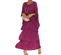 Sunlighty Vestido suelto de estilo artístico, vestido casual de línea A, cuello redondo, manga de murciélago, vestido largo bohemio para vacaciones, rosso, L