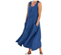 Sunlighty Vestidos de lino para mujer 2024, vestidos largos de algodón italiano, sin mangas, talla grande, cuello redondo, vestido de verano fluido, azul marino, XL