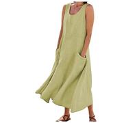 Sunlighty Vestidos de lino para mujer 2024, vestidos largos de algodón italiano, sin mangas, talla grande, cuello redondo, vestido de verano fluido, verde claro, XXL