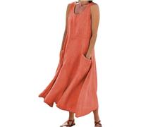 Sunlighty Vestidos de lino para mujer 2024, vestidos largos de algodón italiano, sin mangas, talla grande, cuello redondo, vestido de verano fluido, naranja, XXL